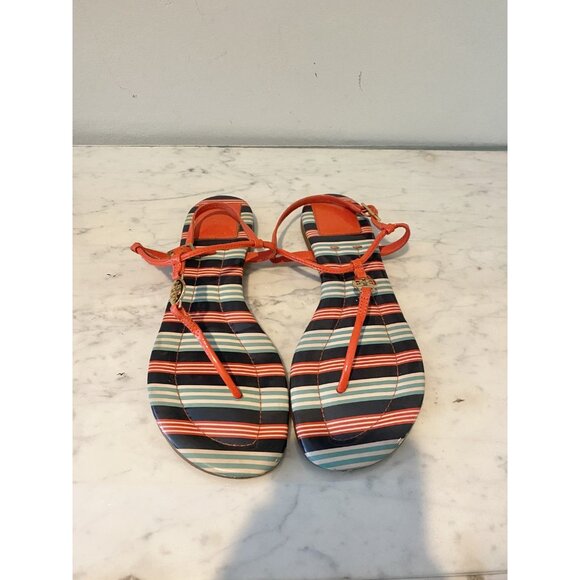 Tory Burch Shoes Womens Size 7 Striped Orange Thong Sandals Logo Flat Summer - Picture 2 of 6